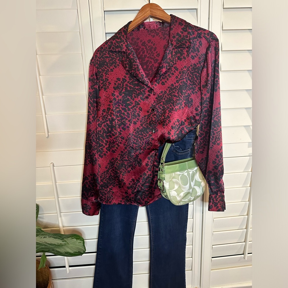 Vintage red animal print button up blouse